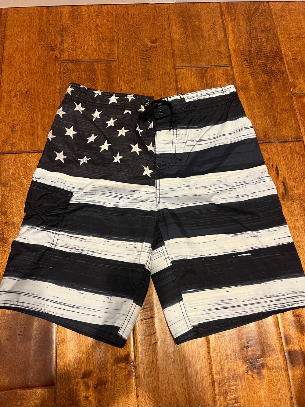 Kids Black & White Star Stripe Swim Trunks. Liner has been cut out.